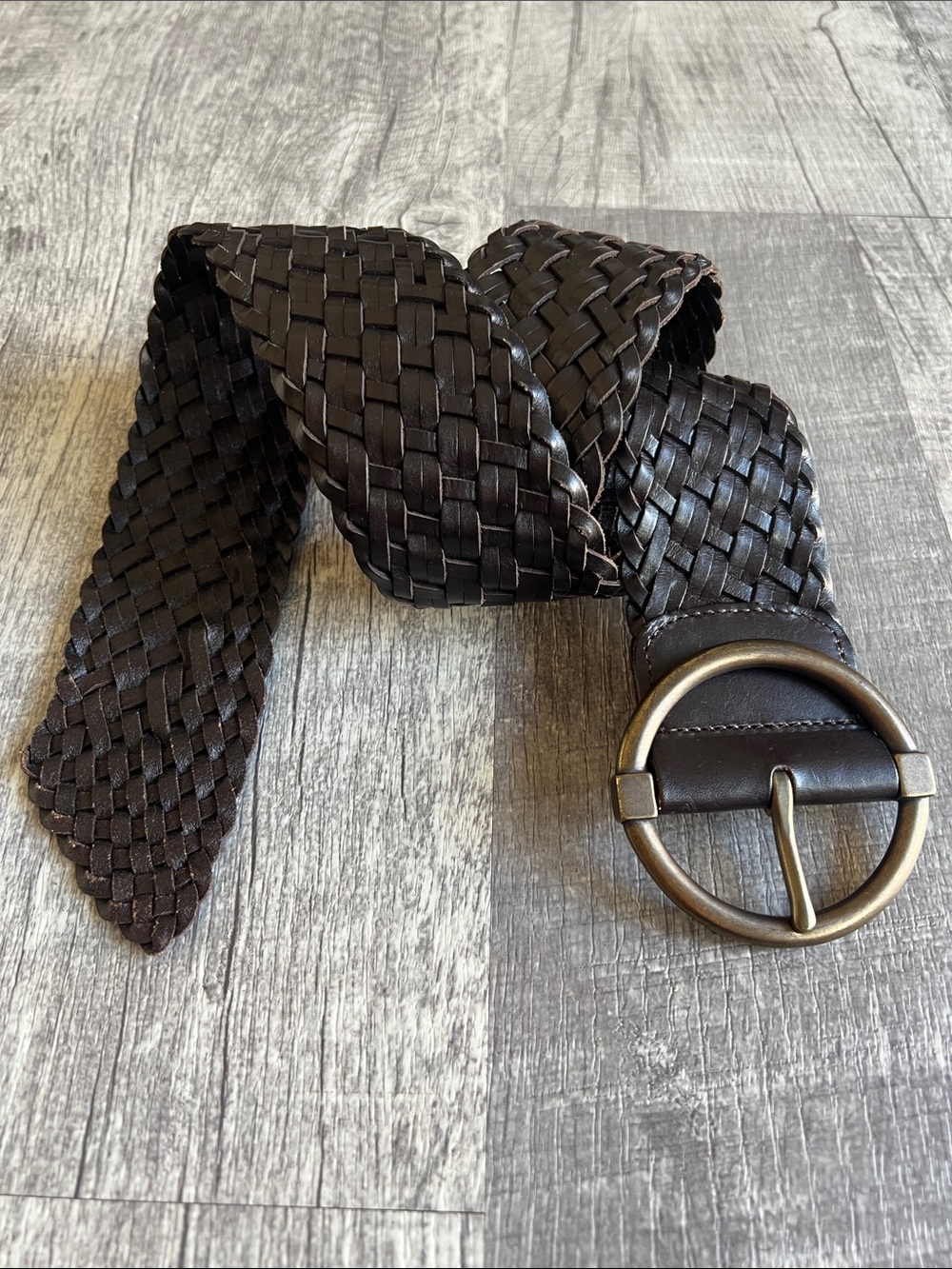 Banana Republic Dark Brown Leather Wide Woven Braided Belt Round Buckle Sz S